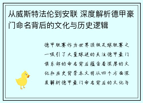 从威斯特法伦到安联 深度解析德甲豪门命名背后的文化与历史逻辑