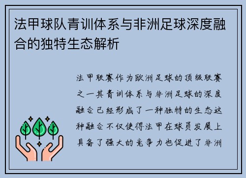 法甲球队青训体系与非洲足球深度融合的独特生态解析